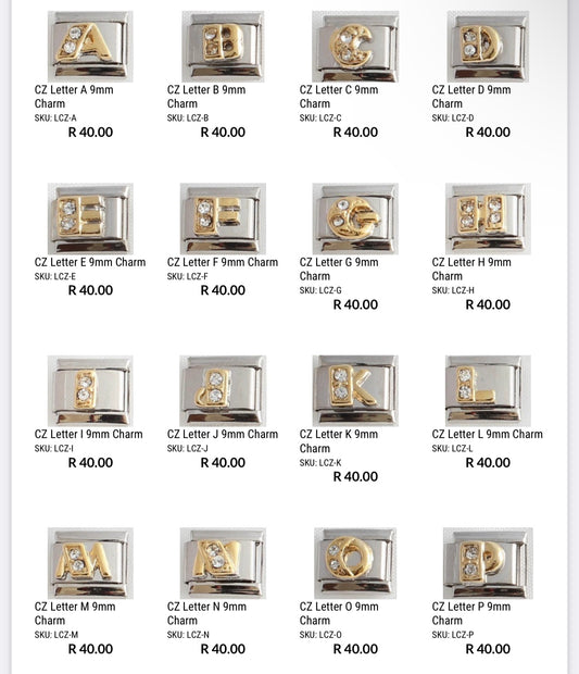 9mm Gold Plated Stone Letter Charms