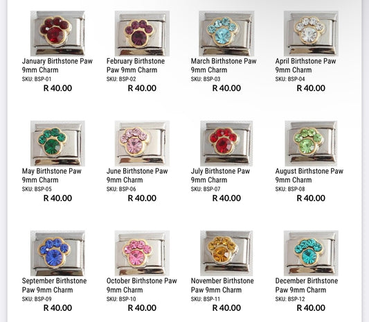 9mm Paw Birthstone Charm