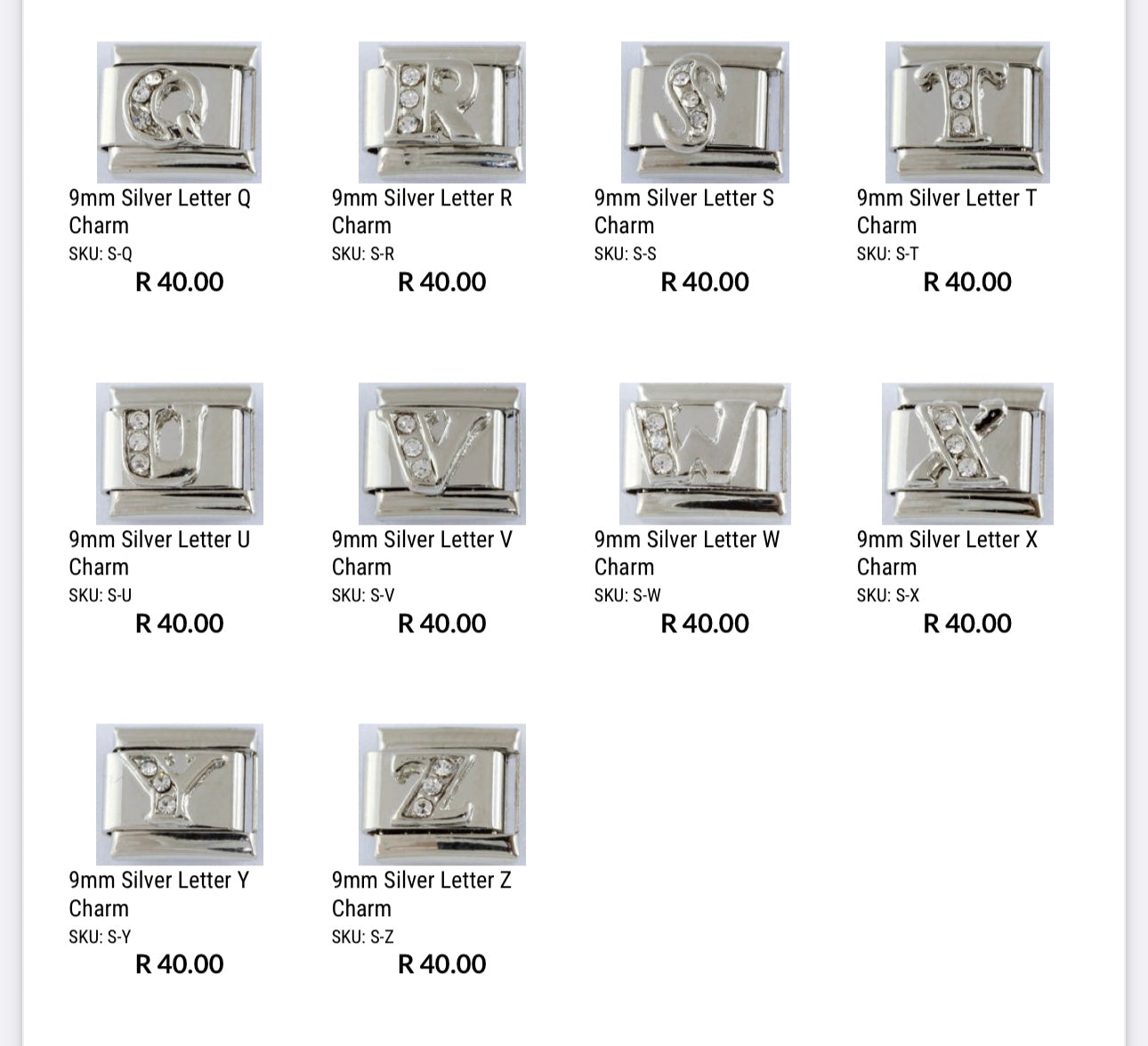 9mm Silver Letter Charms