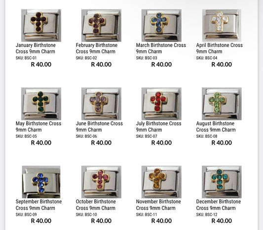 9mm Cross Birthstone Charm