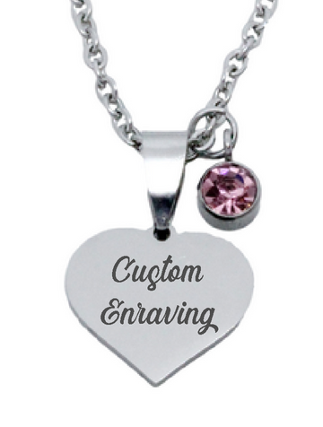 Engraved Heart Pendant with Birthstone Charm & Chain