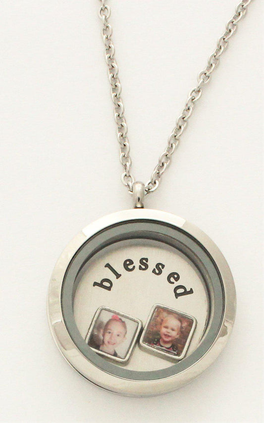 Floating locket + Back plate + 2 Photo Charms + Chain (click product to upload photos)