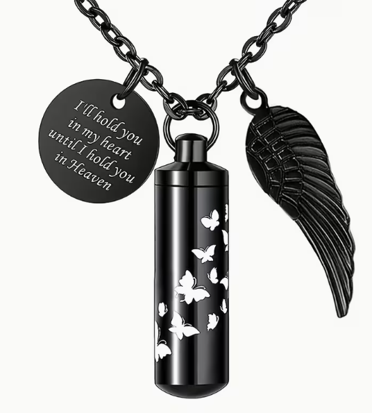 Memorial Cremation Urn Necklace with Wing & Butterflies
