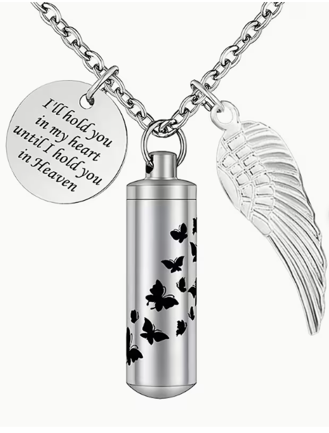 Memorial Cremation Urn Necklace with Wing & Butterflies